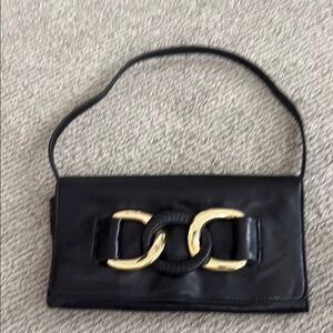 Black Leather Handbag with Gold Accent